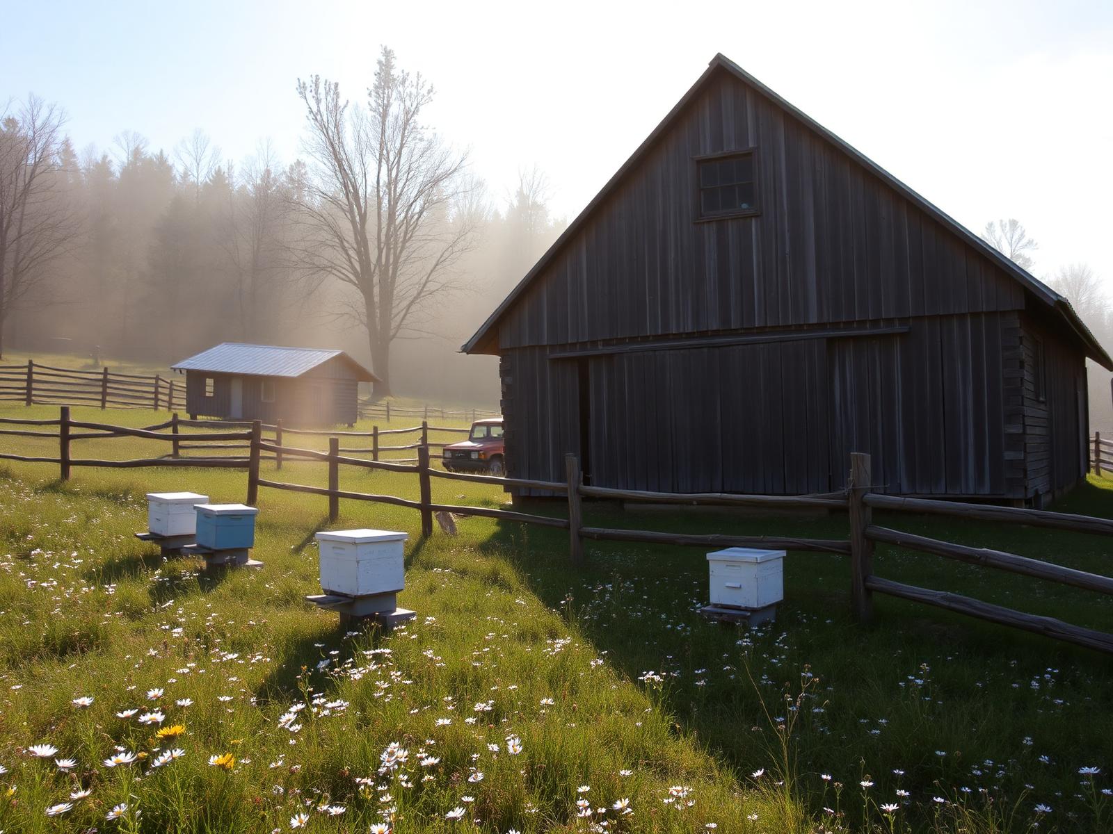 The Ironwood homeplace — barn, split-rail fence, and apiary in the meadow.