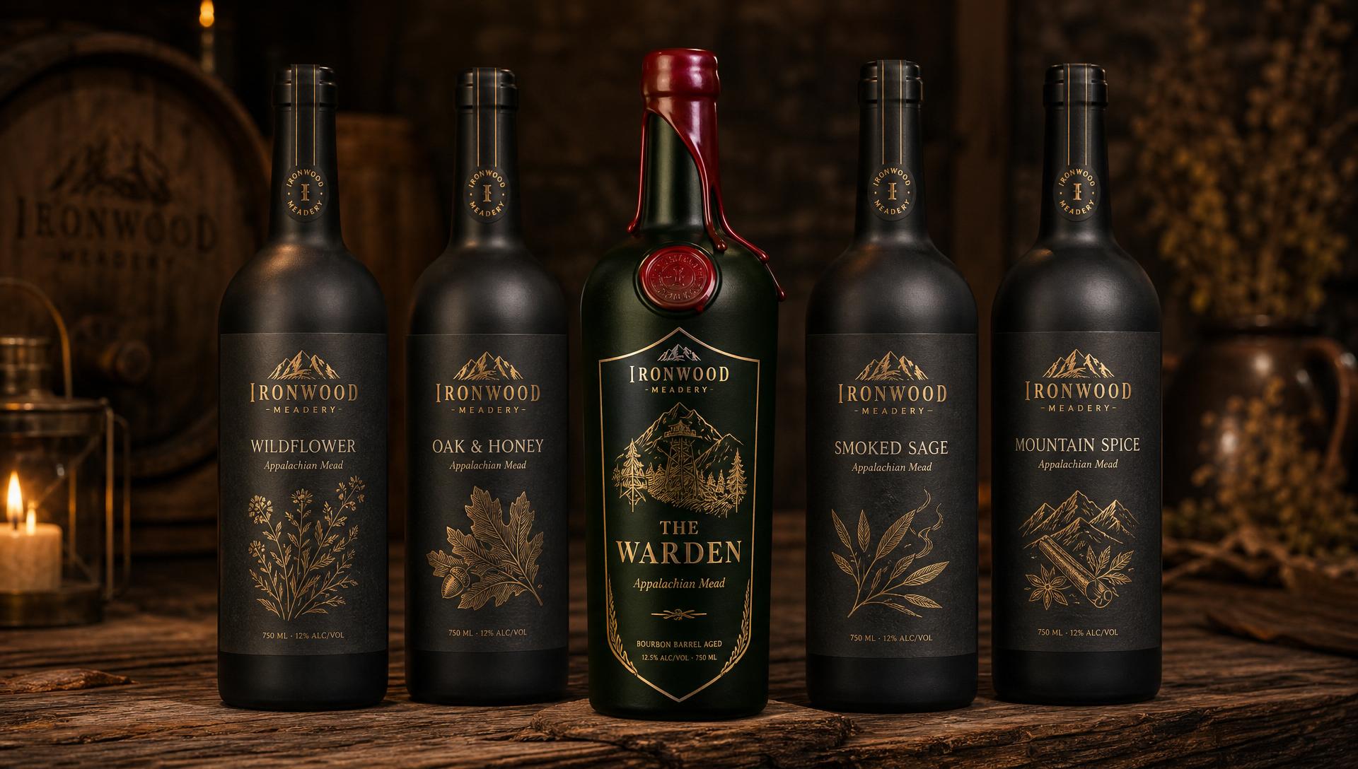Ironwood mead lineup with The Warden as the flagship at center