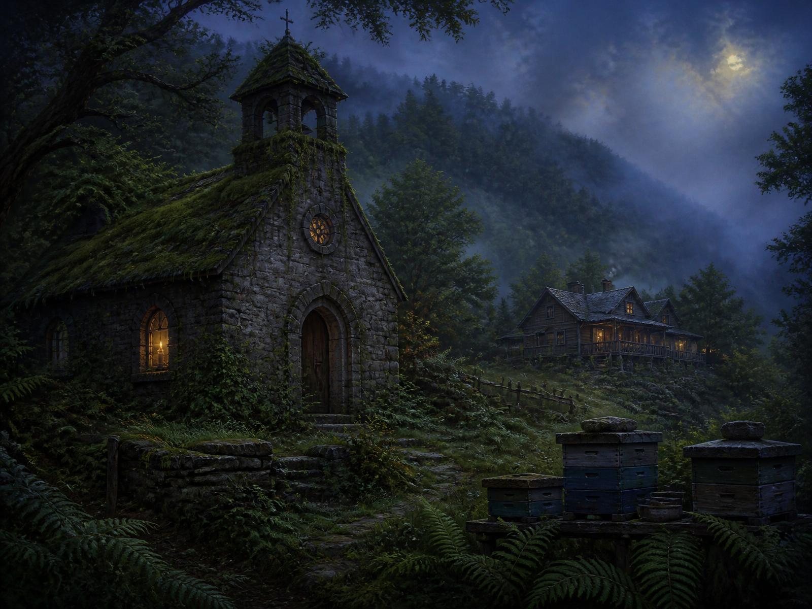 The old stone chapel and apiary at The Warden estate, wrapped in mountain fog.